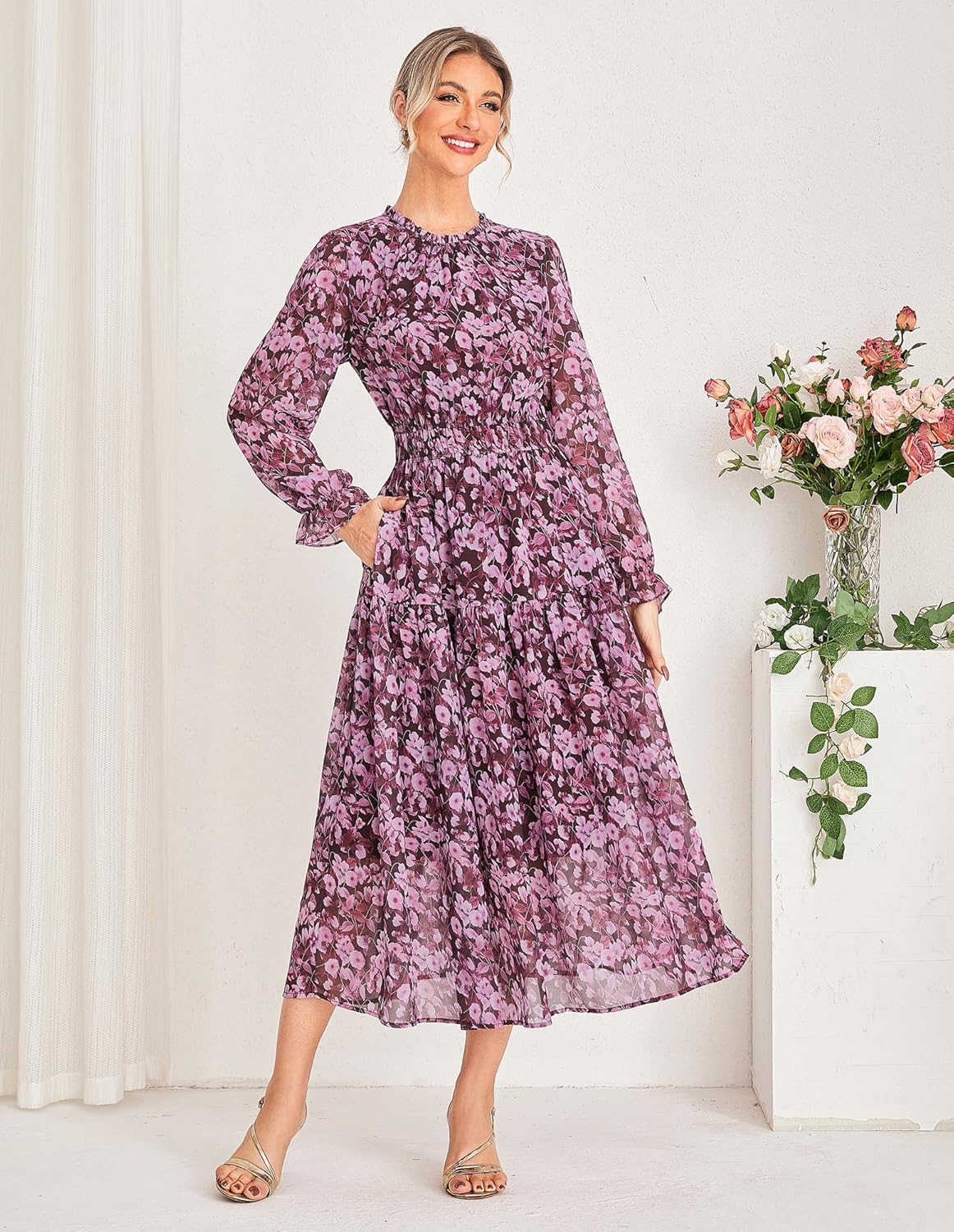 Chiara Women's Maxi Chiffon Dress – Elegant Floral Long Sleeve Dress
