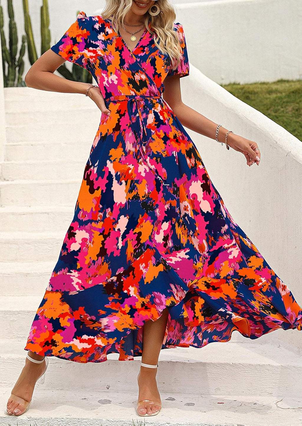 Madriana Women's Maxi Floral Dress – V-Neck, Wrap, Slit, A-Line Summer