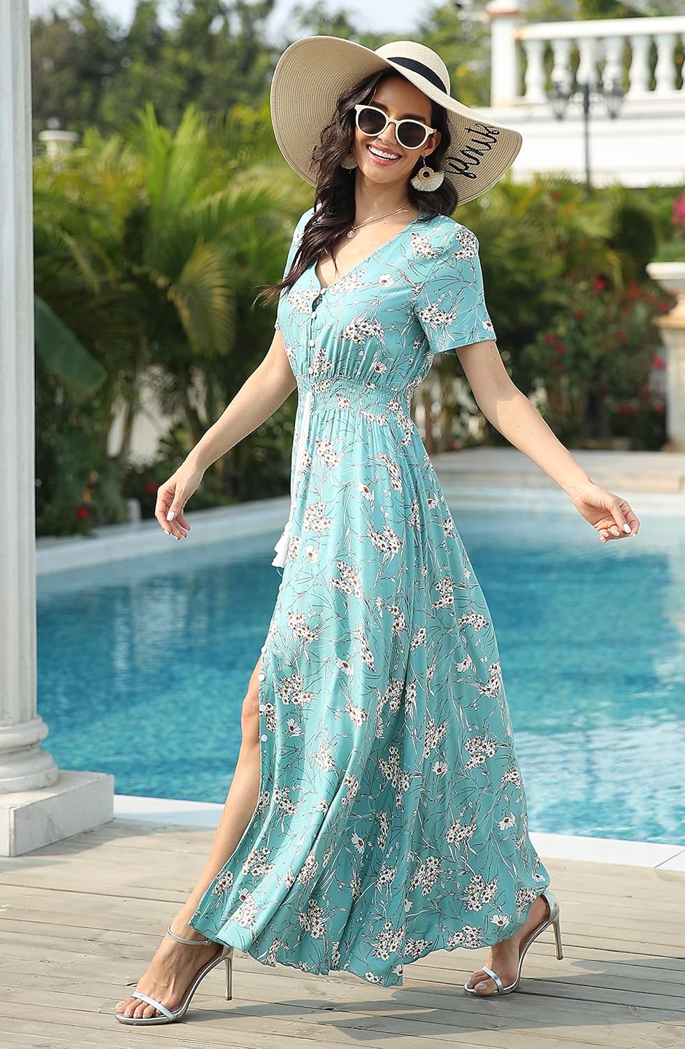 Sienna Vestito Maxi Boho da Donna – Abito Floreale con Scollo V e Bottoni
