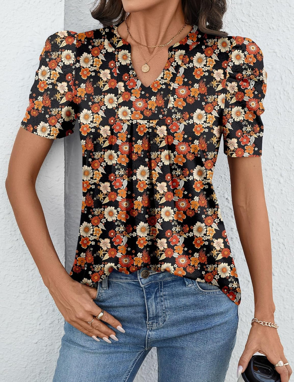 Valentina Top Femme – Col V, Manches Bouffantes, Blouse Décontractée Élégante