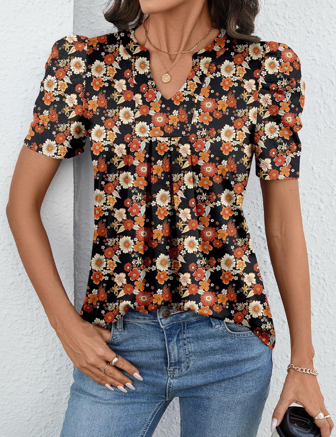 Valentina Top Femme – Col V, Manches Bouffantes, Blouse Décontractée Élégante