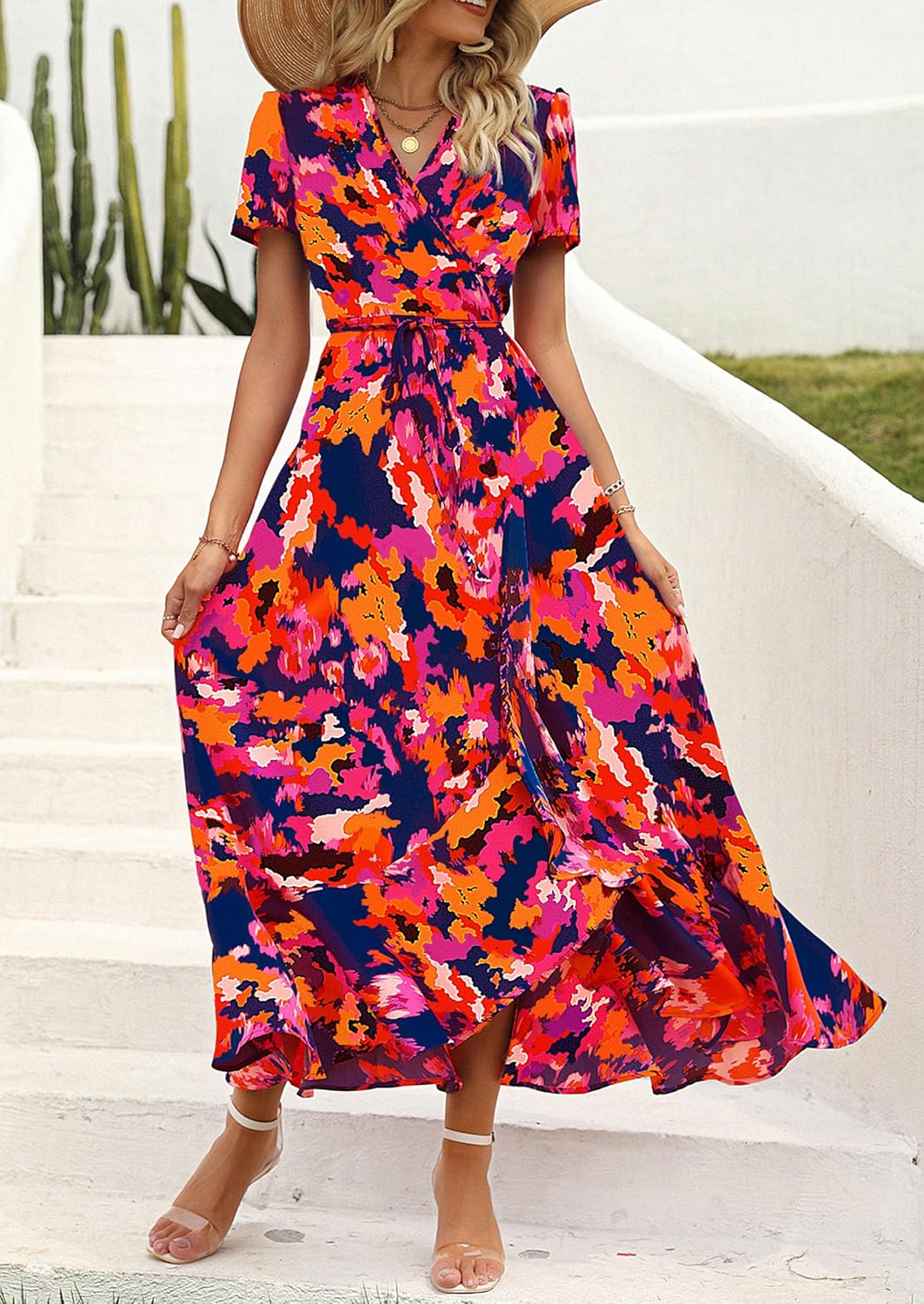 Madriana Women's Maxi Floral Dress – V-Neck, Wrap, Slit, A-Line Summer