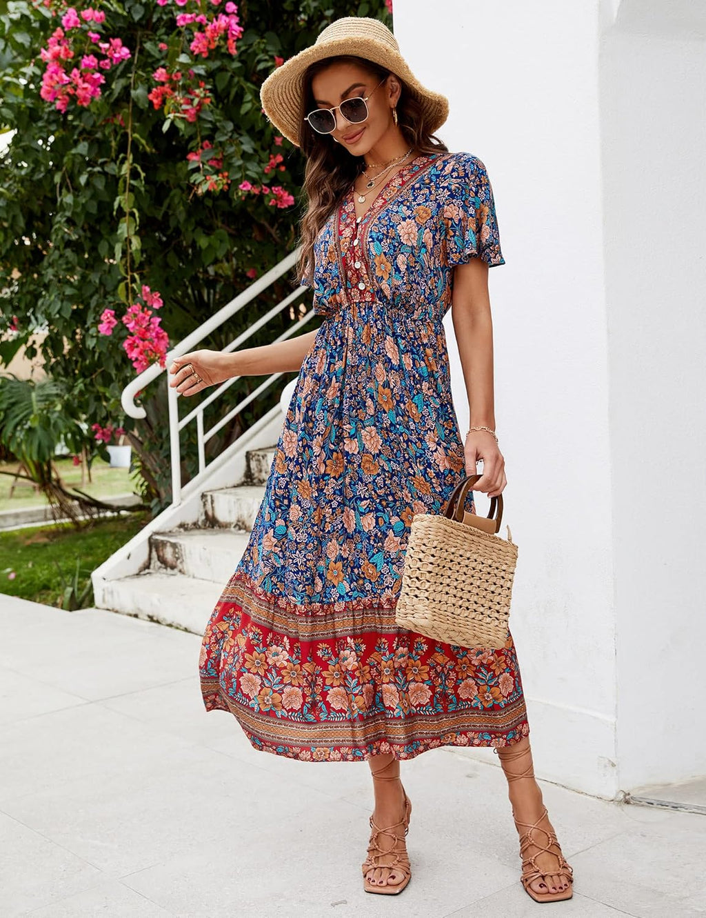 Elisa Vestito Boho Midi da Donna – Abito Estivo Floreale con Scollo V e Volant