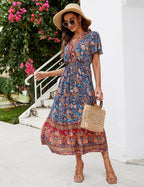 Elisa Vestito Boho Midi da Donna – Abito Estivo Floreale con Scollo V e Volant