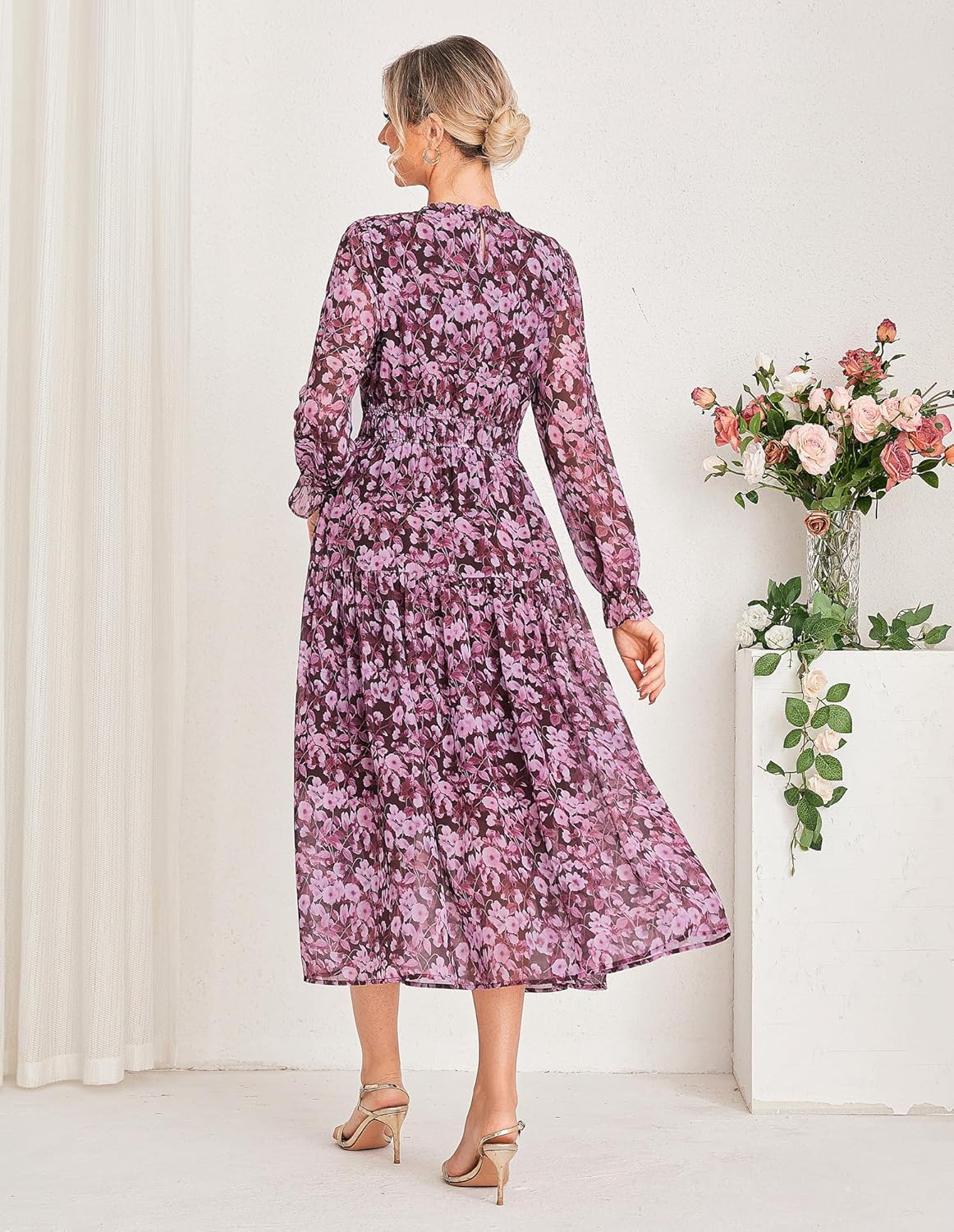Chiara Women's Maxi Chiffon Dress – Elegant Floral Long Sleeve Dress