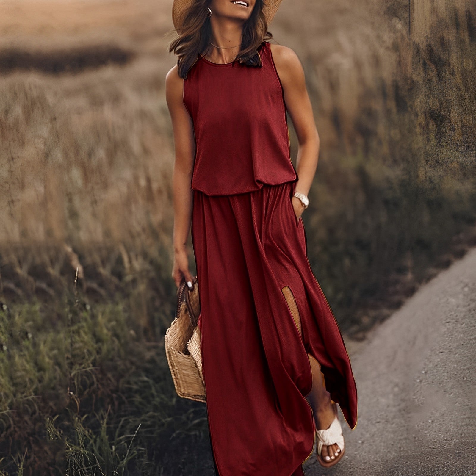 Firenze Abito Donna Maxi Elegante – Vestito Lungo Senza Maniche, Fluido Vintage Chic