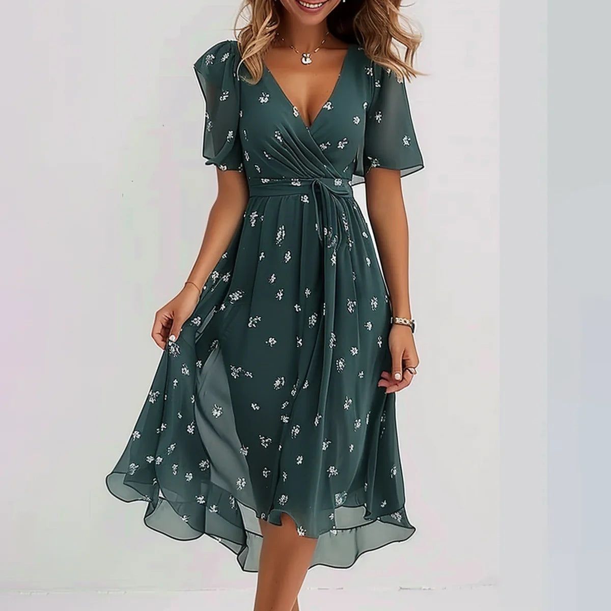 Everly Vestito Midi Donna – Floreale, Scollo a V Elegante & Vestibilità Fluida