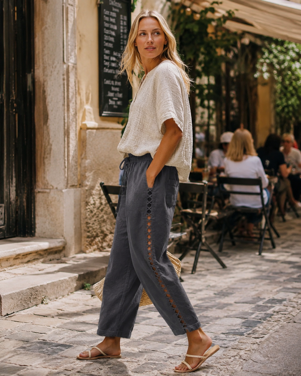 Alice Pantaloni Donna Capri – Lino Traspirante, Coulisse & Dettaglio Cut-Out