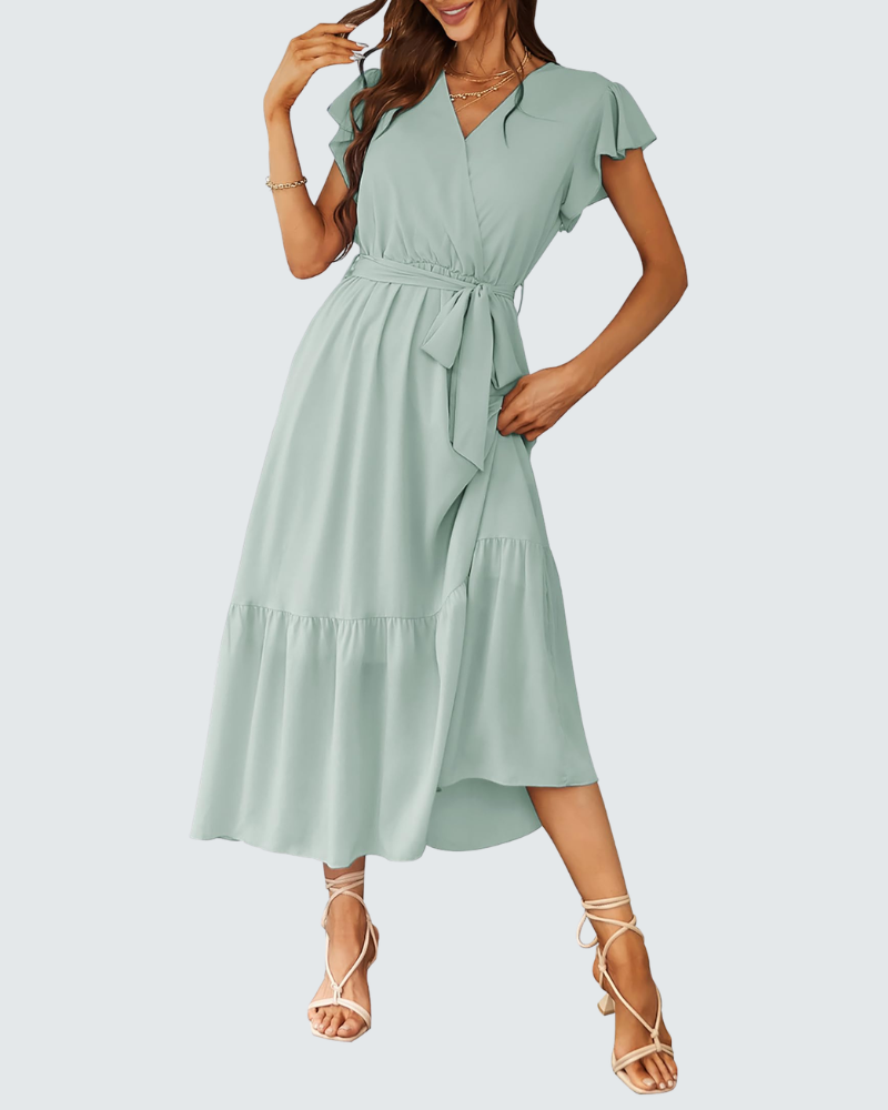 Ava vestido maxi para mujer – vestido bohemio con escote en V, volantes y cinturón