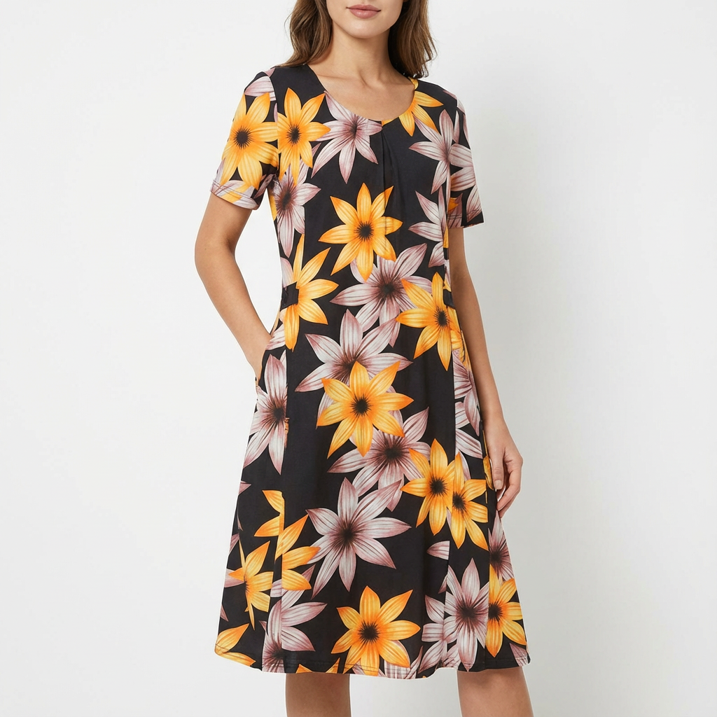 Sofia Women's Midi Floral Dress – A-Line, Pleated, Elegant Casual Pockets