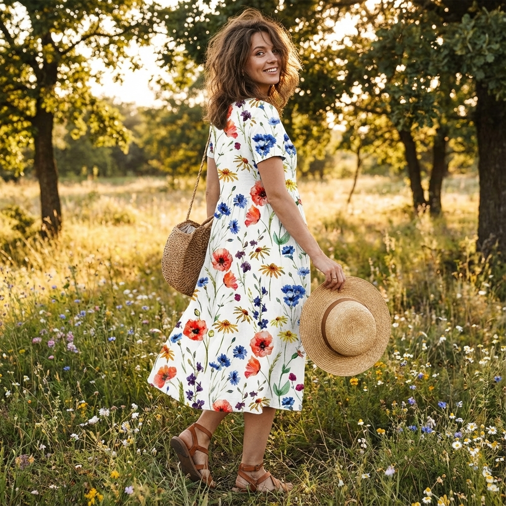 Sofia Abito Donna Midi Floreale – A-Line, Plissé, Tasche Elegante Casual