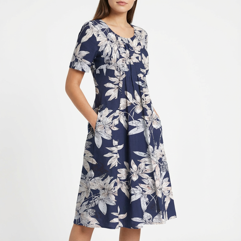 Sofia Women's Midi Floral Dress – A-Line, Pleated, Elegant Casual Pockets