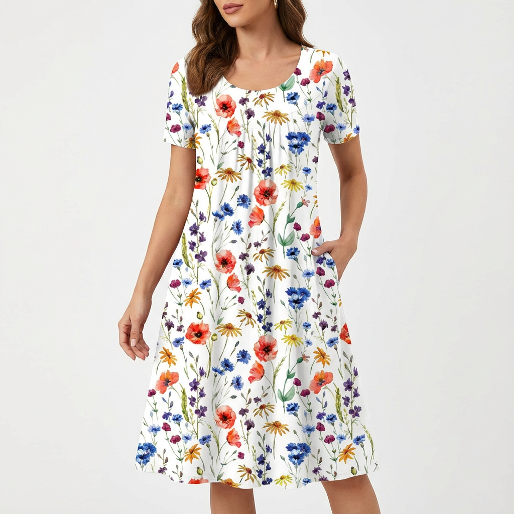 Sofia Women's Midi Floral Dress – A-Line, Pleated, Elegant Casual Pockets