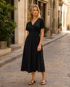 Robe midi pour femme Lillian – col en V, taille haute, coupe évasée et tissu léger