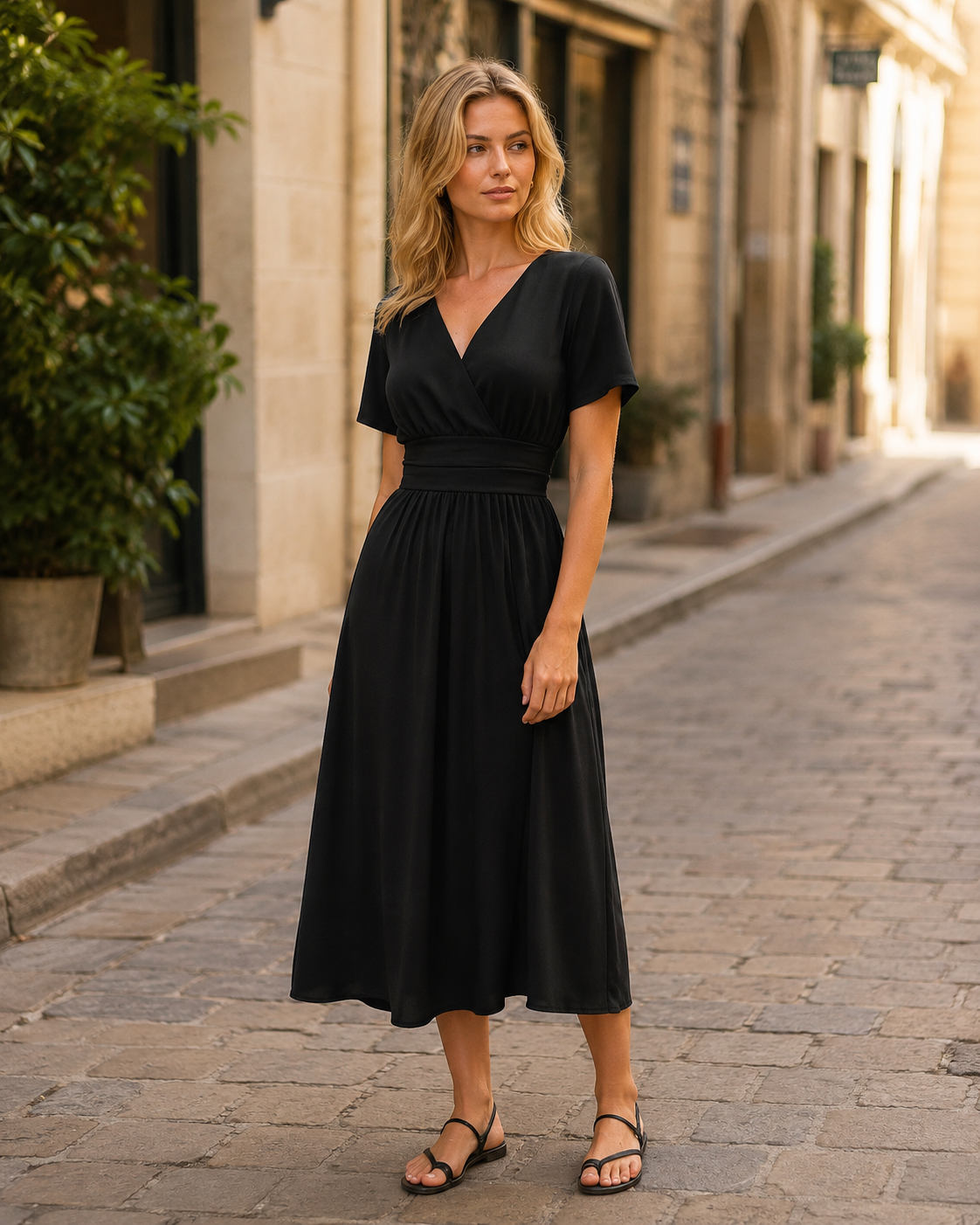 Robe midi pour femme Lillian – col en V, taille haute, coupe évasée et tissu léger