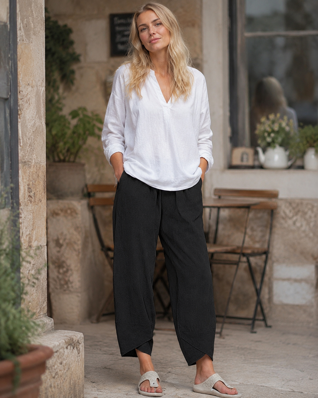 Diana Pantalon femme corsaire – Mélange de lin, ourlet tulipe et poches latérales
