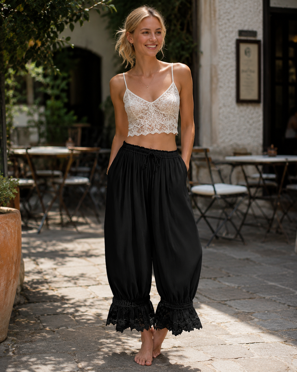 Ivy Pantalon bouffant pour femme – Mélange de lin, dentelle à volants et cordon de serrage