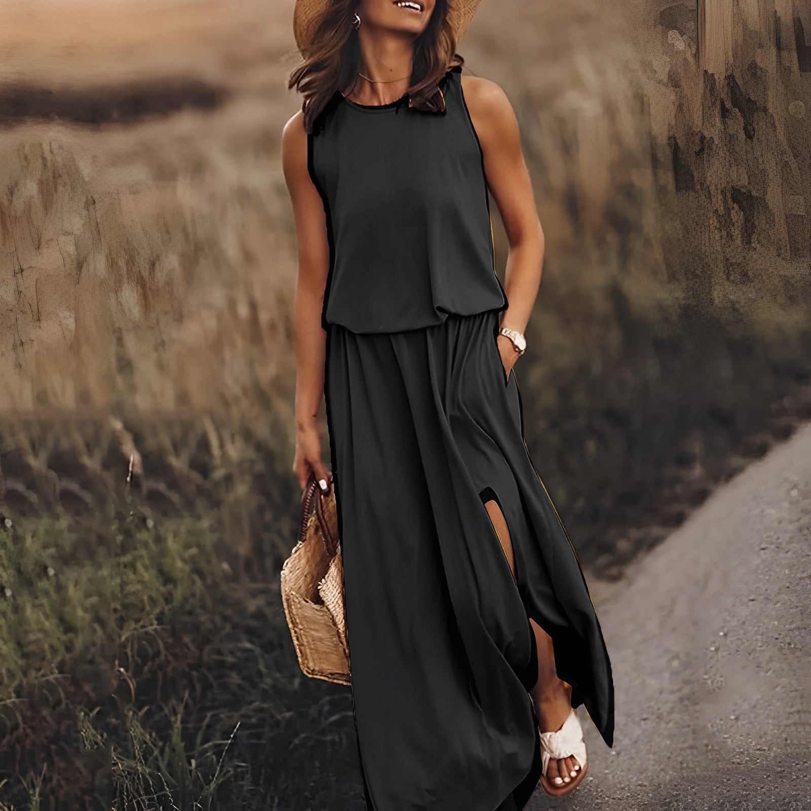 Firenze Abito Donna Maxi Elegante – Vestito Lungo Senza Maniche, Fluido Vintage Chic