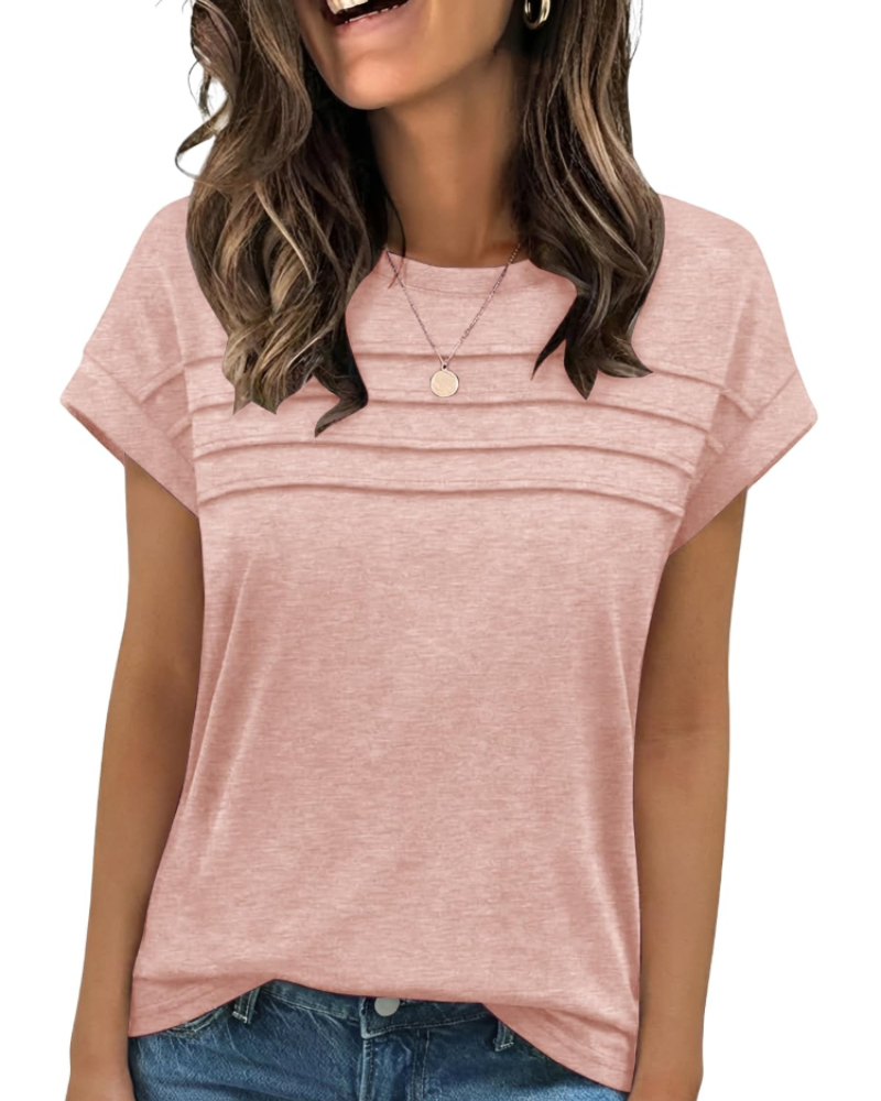 Nora T-Shirt Γυναικείο – Τοπ με Στρογγυλή Λαιμόκοψη, Διακοσμητικές Πτυχές & Κοντά Μανίκια