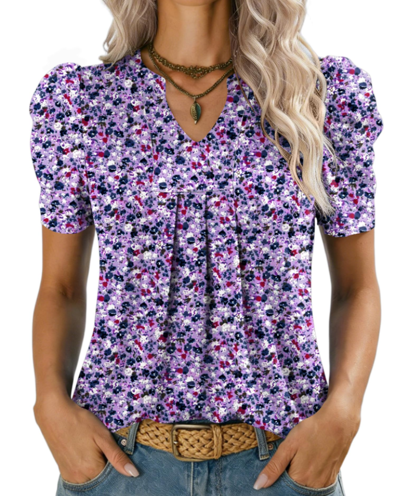 Emma Bluse Dame – Elegant Topp med V-hals, Puffermet og Løs Passform