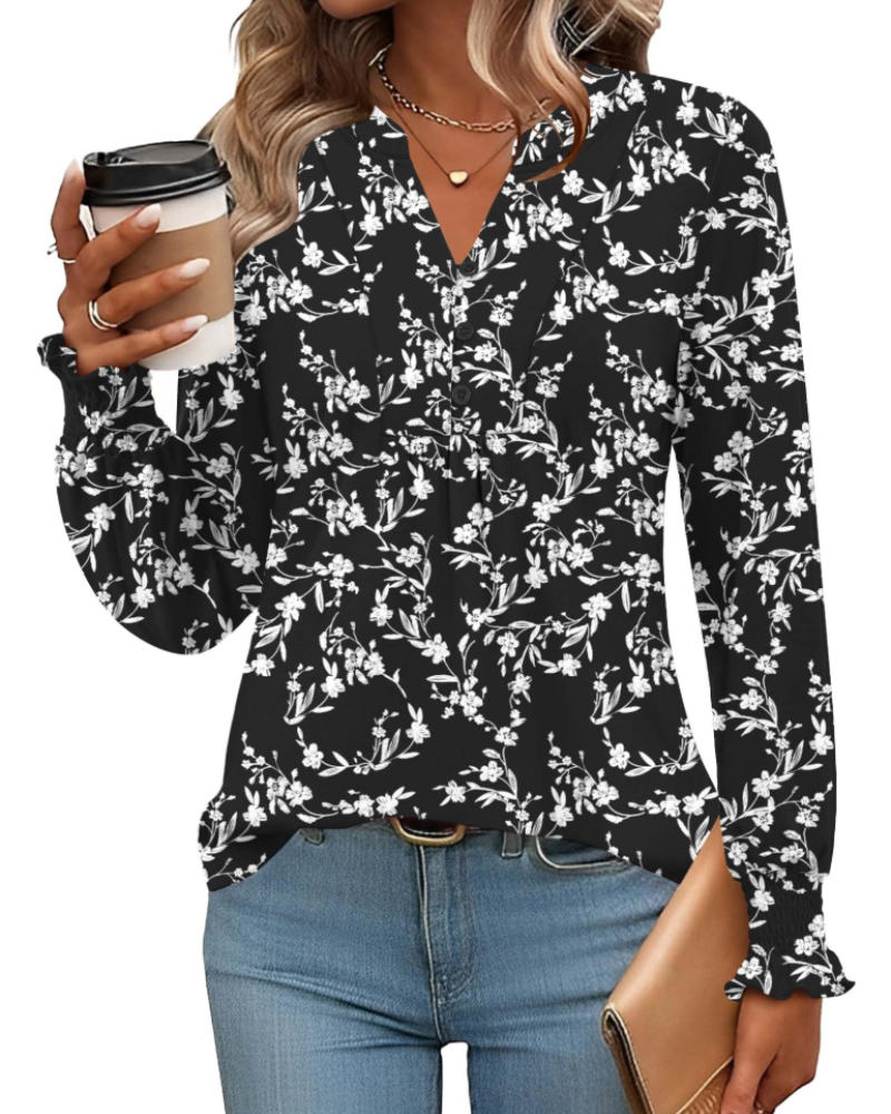 Freya Damenbluse – Florales Top mit V-Ausschnitt, langen Ärmeln und plissiertem Saum