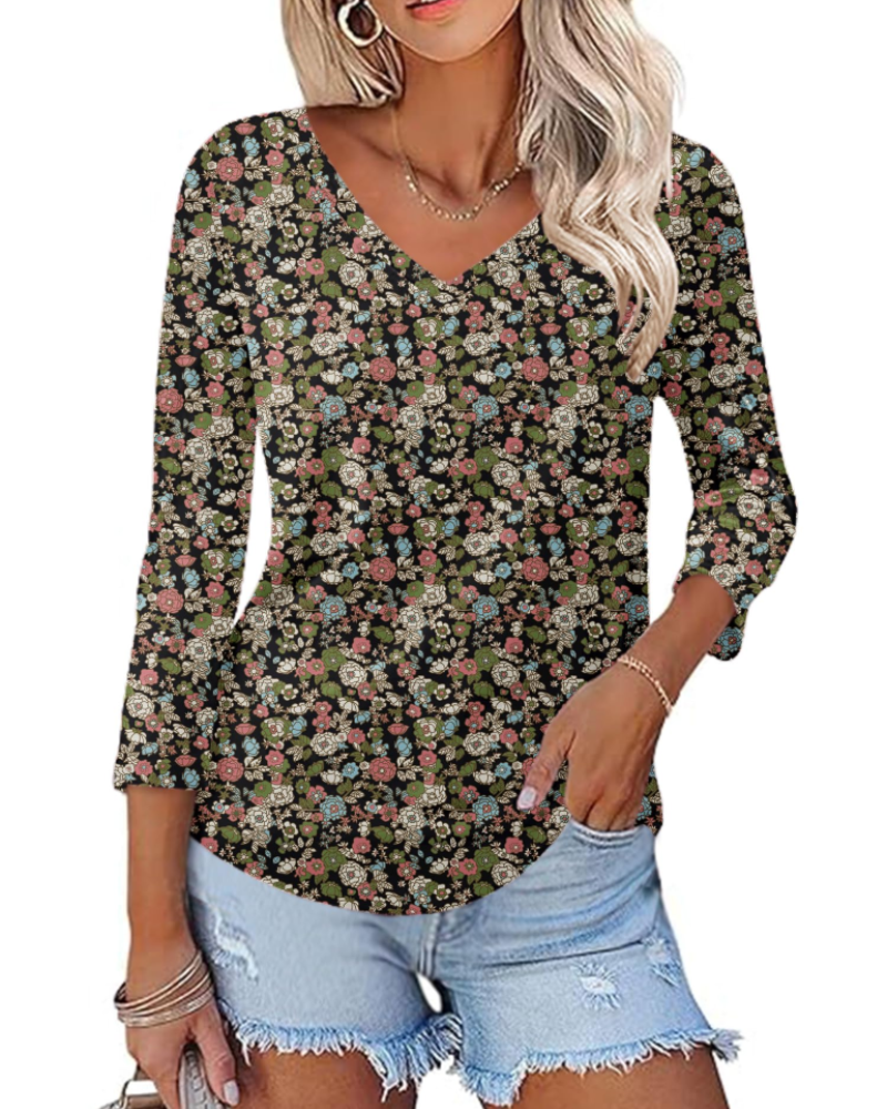 Camila Top Donna – Blusa con Scollo a V, Maniche 3/4 & Stampa Floreale