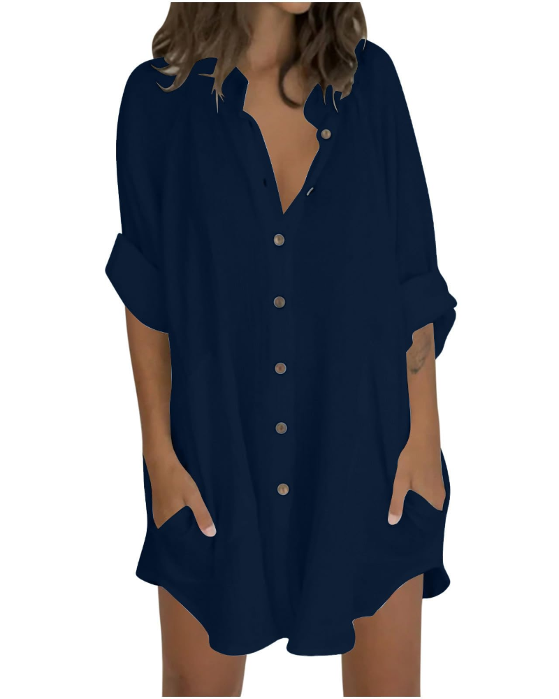 Emma Blusa Donna – Camicia Oversize in Cotone Lino con Maniche 3/4 & Bottoni