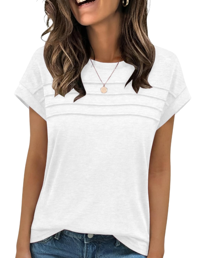 Nora T-Shirt Γυναικείο – Τοπ με Στρογγυλή Λαιμόκοψη, Διακοσμητικές Πτυχές & Κοντά Μανίκια