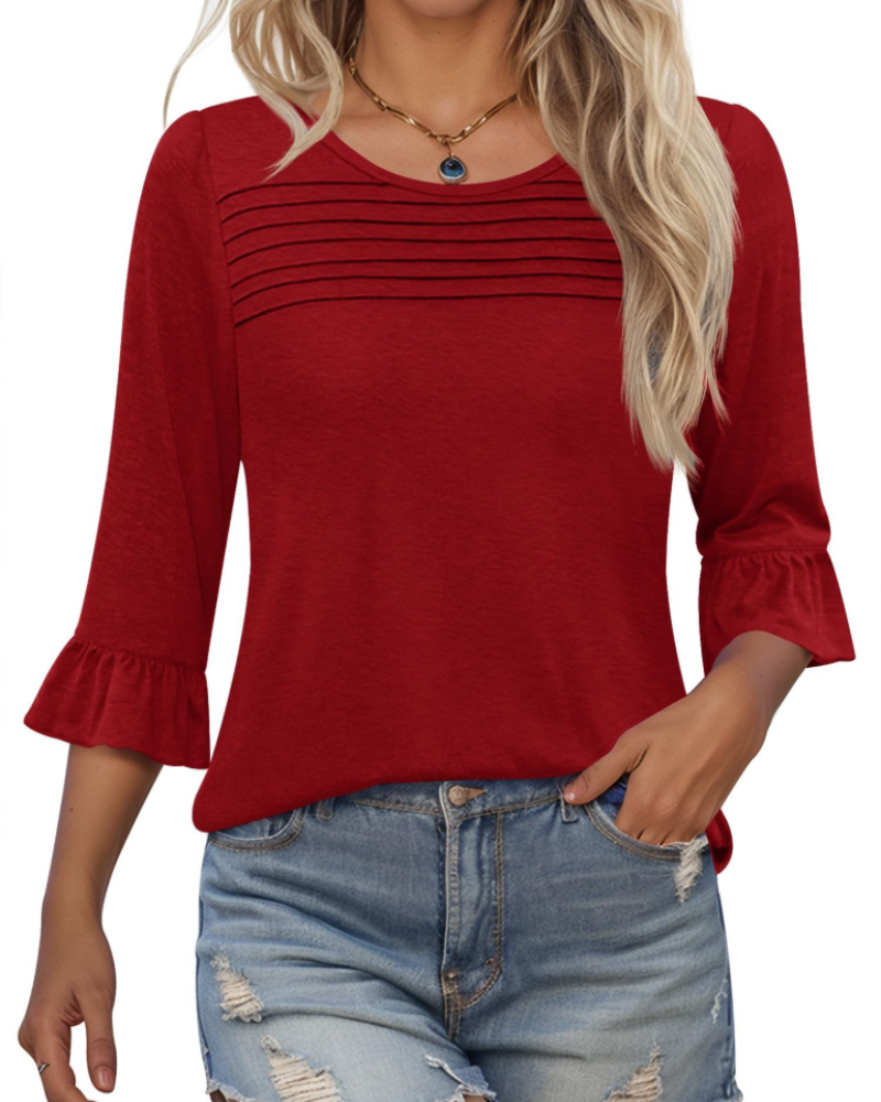 Clara Blusa Donna – Top Tunica con Maniche 3/4 a Volant, Girocollo & Pieghe Frontali