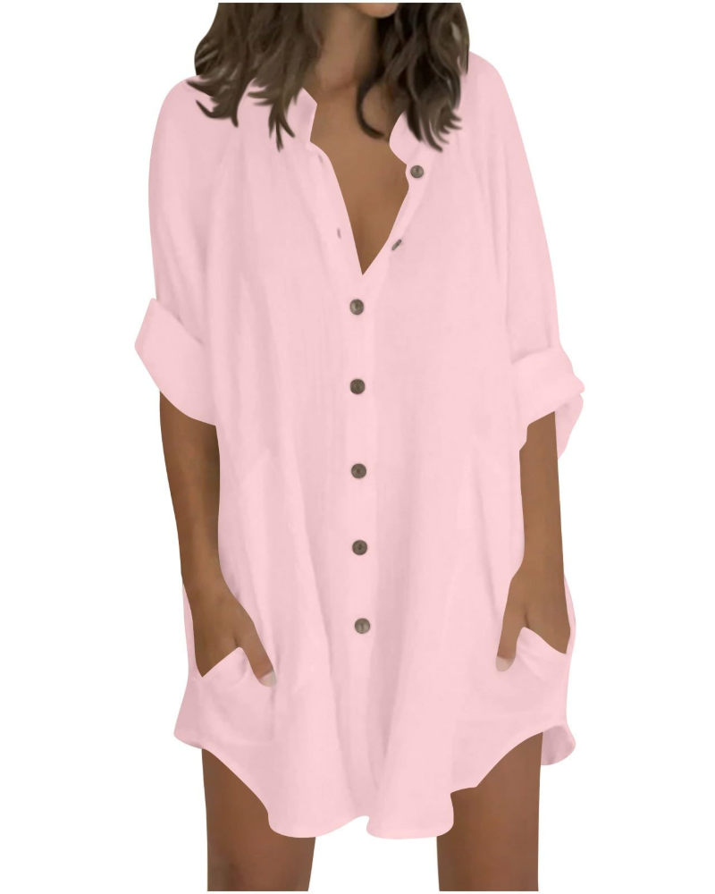 Emma Blusa Donna – Camicia Oversize in Cotone Lino con Maniche 3/4 & Bottoni