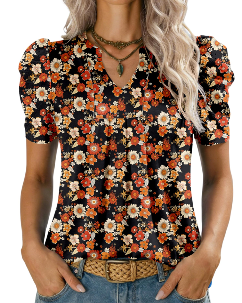 Emma Bluse Dame – Elegant Topp med V-hals, Puffermet og Løs Passform