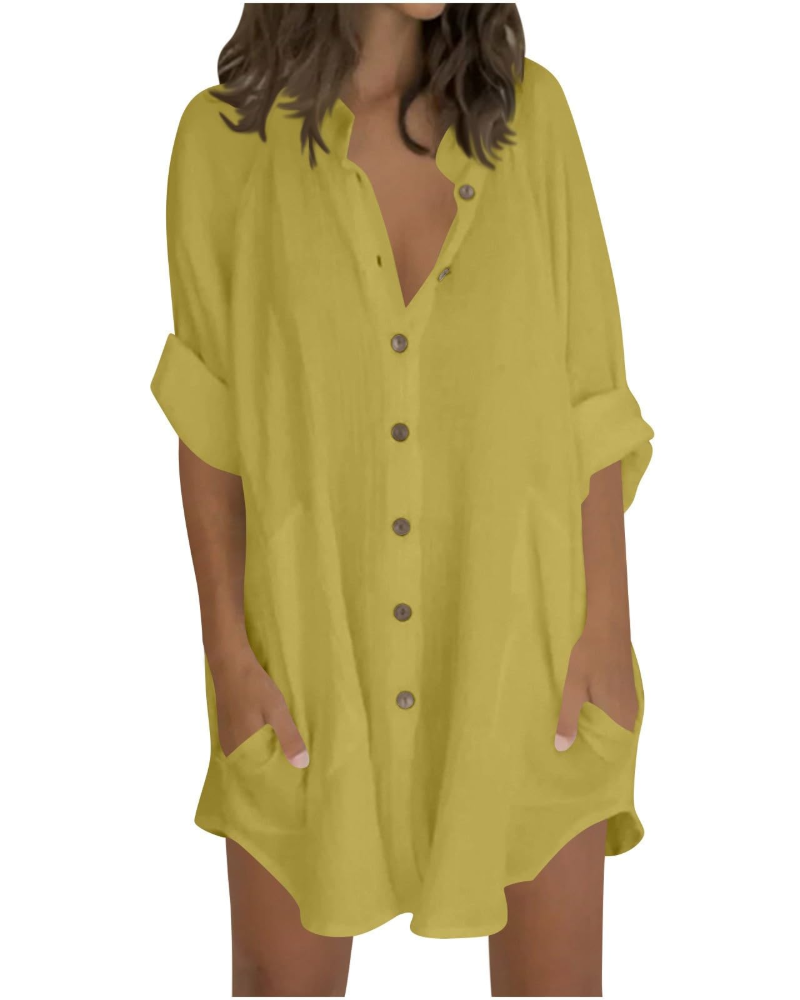 Emma Blusa Donna – Camicia Oversize in Cotone Lino con Maniche 3/4 & Bottoni
