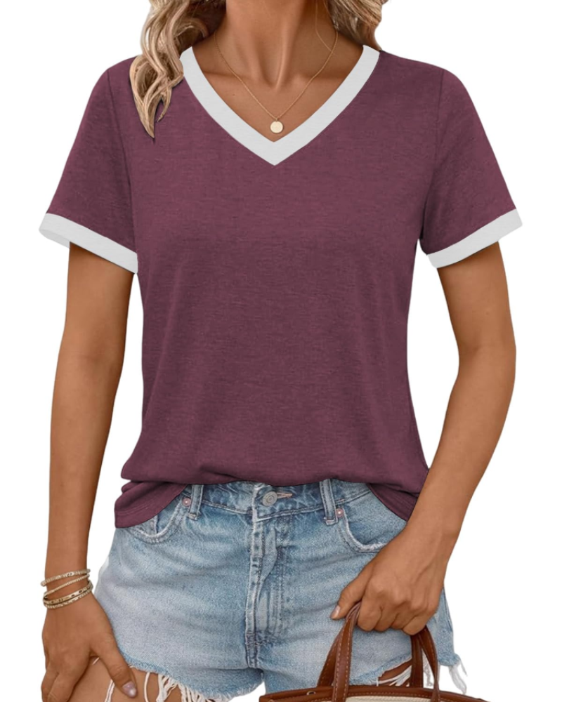 Avery Γυναικεία Μπλούζα με V Λαιμόκοψη – Μαλακό Casual T-Shirt με Κοντά Μανίκια και Ραφές σε Αντίθεση