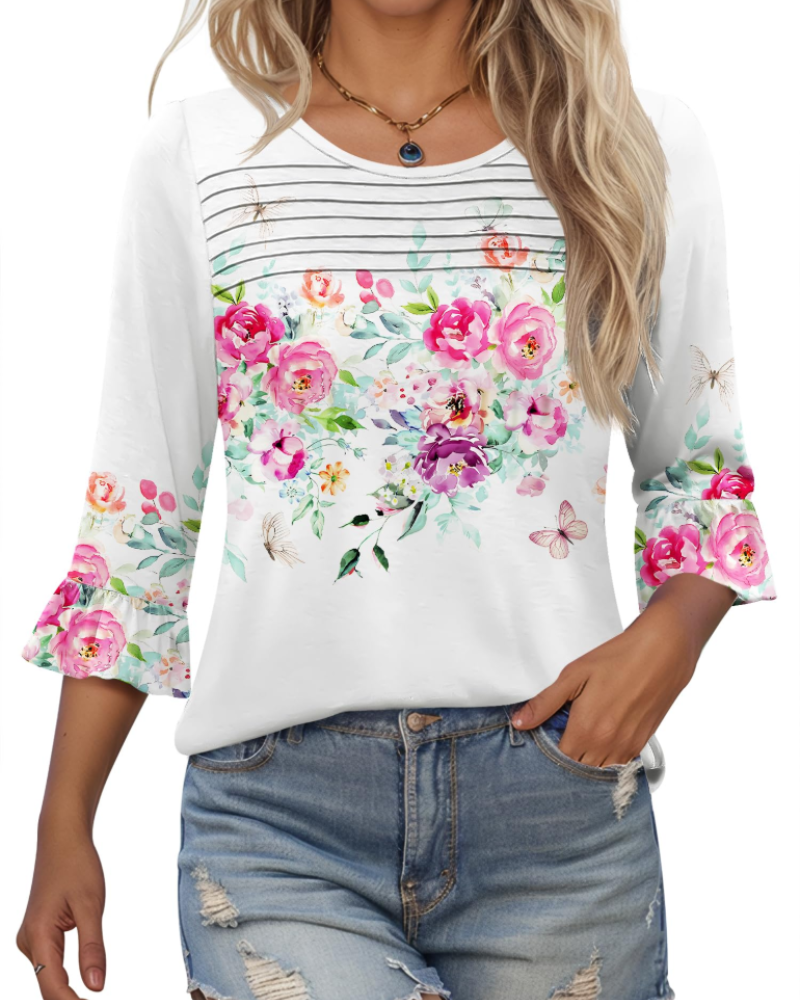 Clara Blusa Donna – Top Tunica con Maniche 3/4 a Volant, Girocollo & Pieghe Frontali