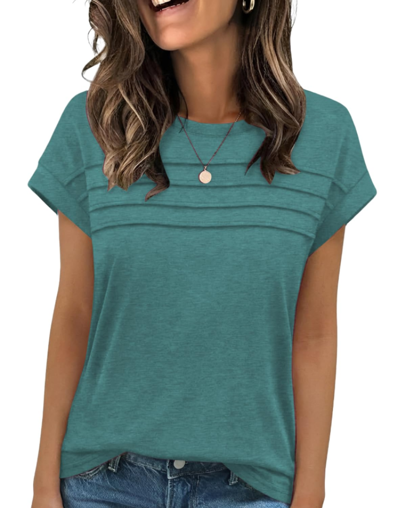 Nora T-Shirt Γυναικείο – Τοπ με Στρογγυλή Λαιμόκοψη, Διακοσμητικές Πτυχές & Κοντά Μανίκια