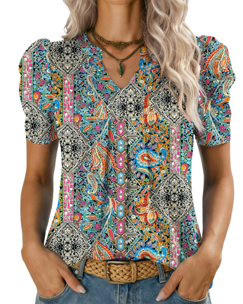 Emma Bluse Dame – Elegant Topp med V-hals, Puffermet og Løs Passform
