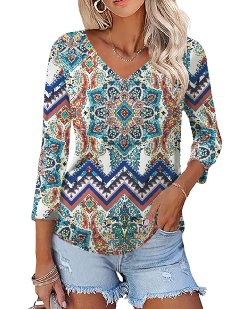 Camila Top Donna – Blusa con Scollo a V, Maniche 3/4 & Stampa Floreale