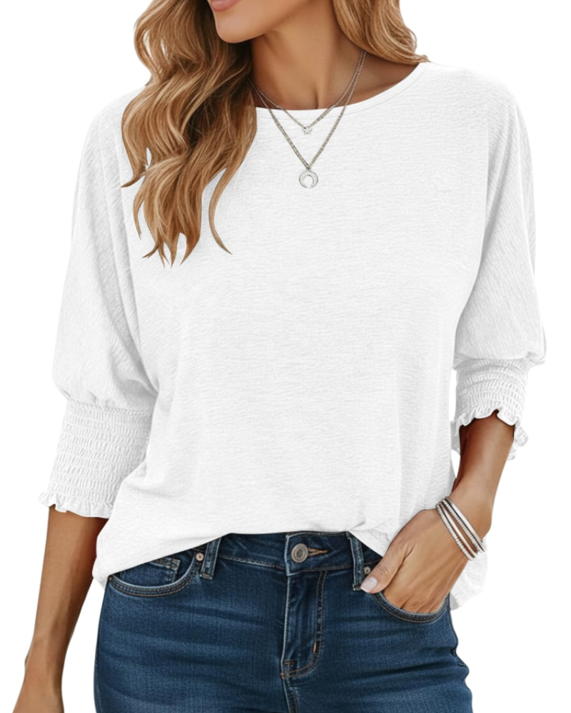 Bianca Damen-T-Shirt – Top mit Rundhalsausschnitt, 3/4-Ärmeln und gerafften Bündchen