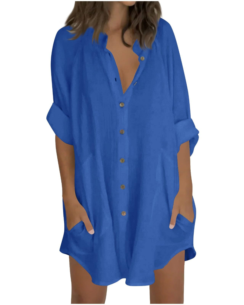 Emma Blusa Donna – Camicia Oversize in Cotone Lino con Maniche 3/4 & Bottoni