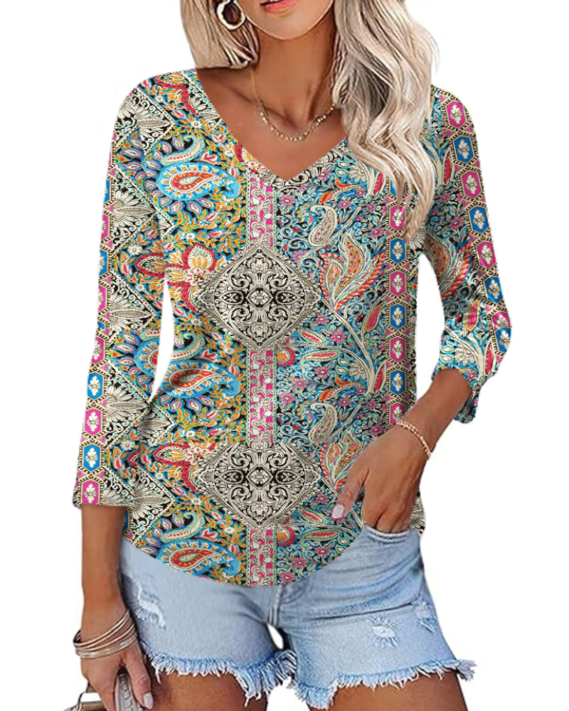Camila Top Donna – Blusa con Scollo a V, Maniche 3/4 & Stampa Floreale