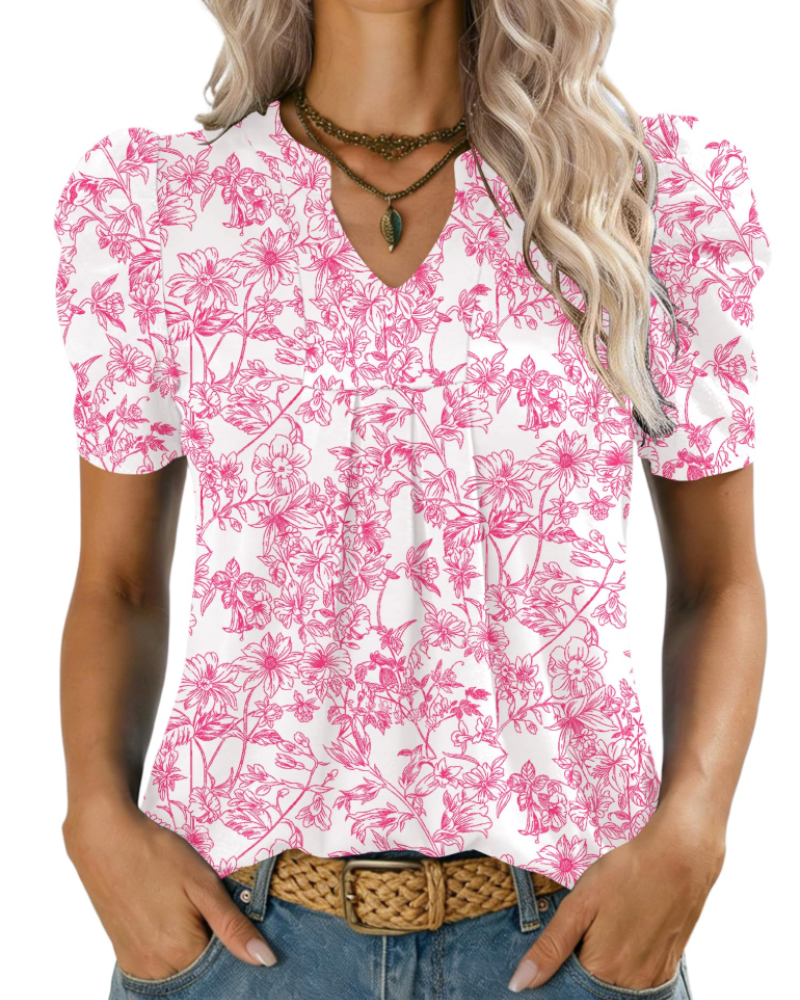 Emma Bluse Dame – Elegant Topp med V-hals, Puffermet og Løs Passform
