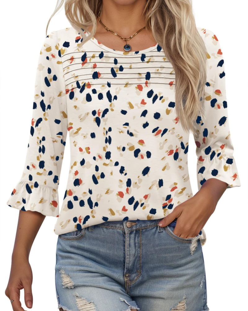 Clara Blusa Donna – Top Tunica con Maniche 3/4 a Volant, Girocollo & Pieghe Frontali