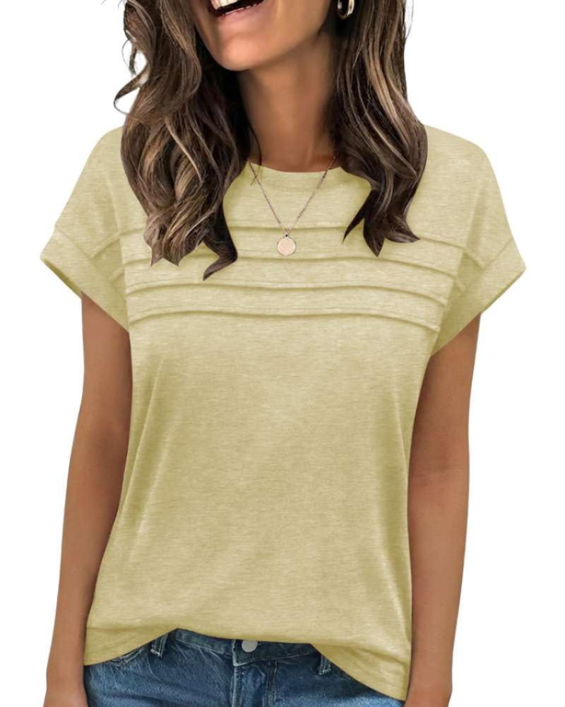Nora T-Shirt Γυναικείο – Τοπ με Στρογγυλή Λαιμόκοψη, Διακοσμητικές Πτυχές & Κοντά Μανίκια