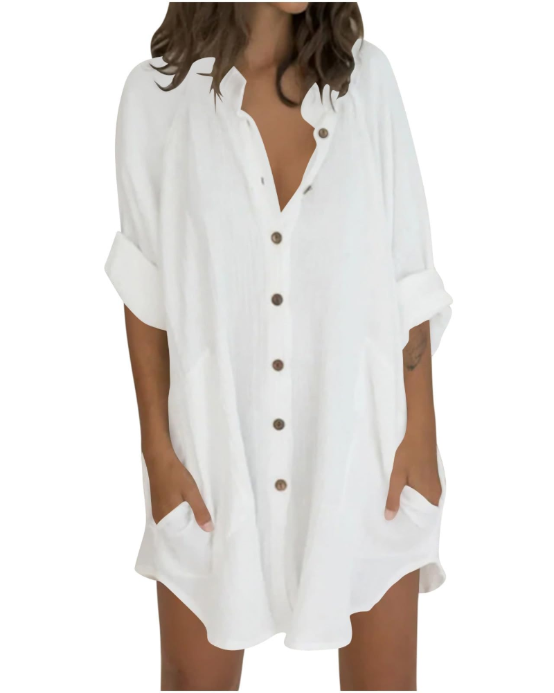 Emma Blusa Donna – Camicia Oversize in Cotone Lino con Maniche 3/4 & Bottoni