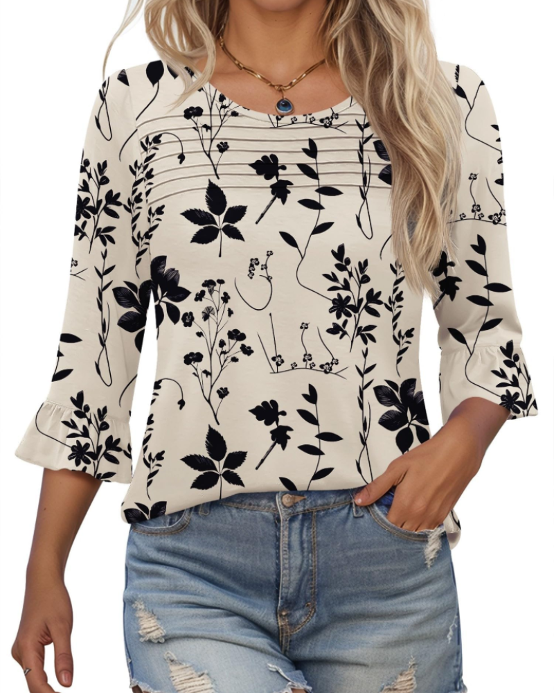 Clara Blusa Donna – Top Tunica con Maniche 3/4 a Volant, Girocollo & Pieghe Frontali