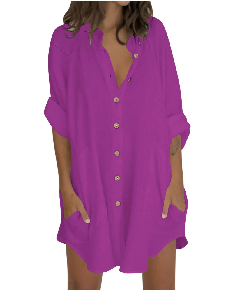 Emma Blusa Donna – Camicia Oversize in Cotone Lino con Maniche 3/4 & Bottoni