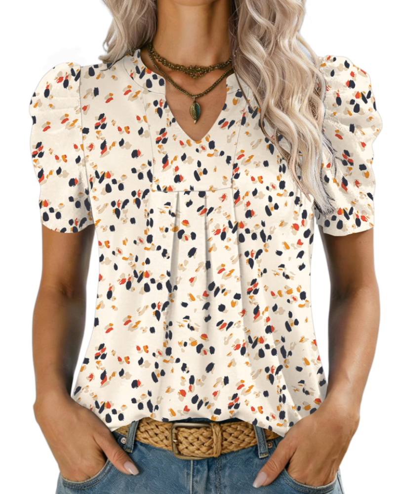 Emma Bluse Dame – Elegant Topp med V-hals, Puffermet og Løs Passform