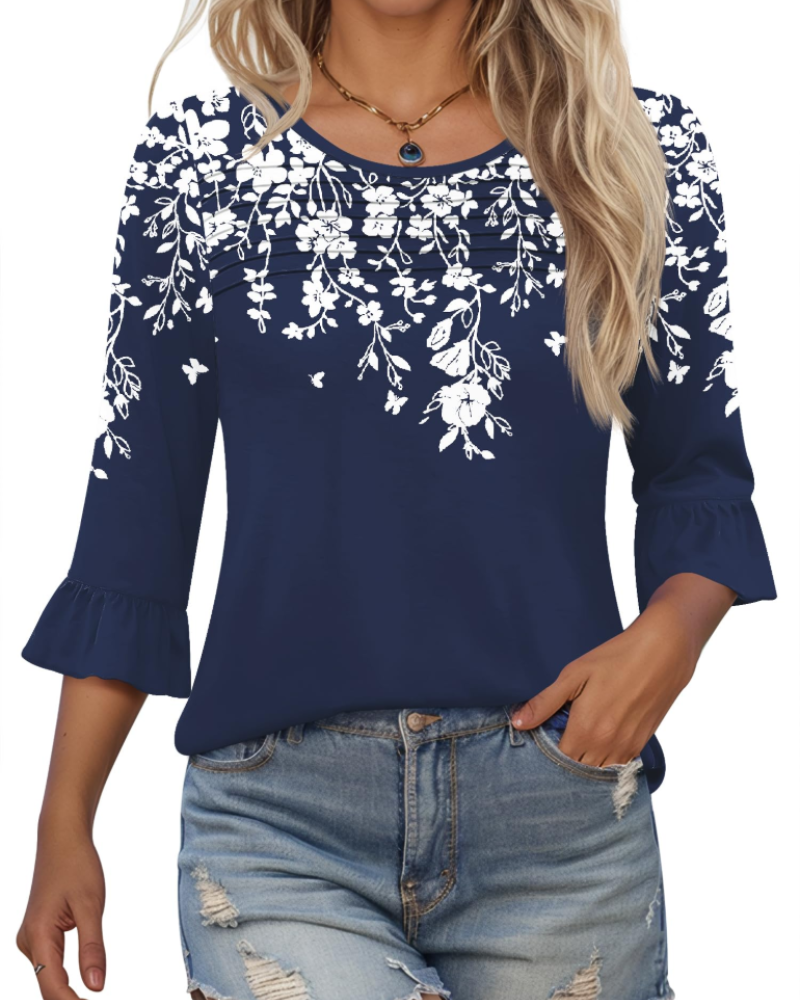 Clara Blusa Donna – Top Tunica con Maniche 3/4 a Volant, Girocollo & Pieghe Frontali
