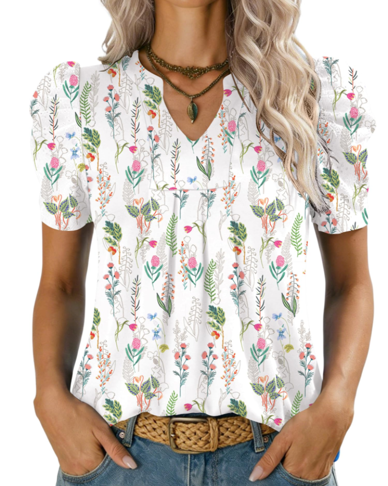 Emma Bluse Dame – Elegant Topp med V-hals, Puffermet og Løs Passform