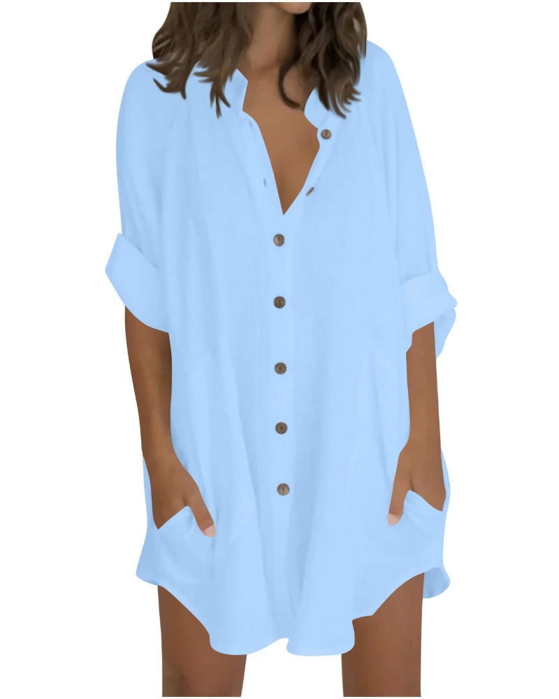 Emma Blusa Donna – Camicia Oversize in Cotone Lino con Maniche 3/4 & Bottoni